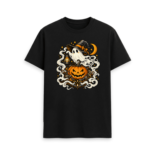 Black CARVÉ Little Haunting graphic T-shirt with ghost, lantern and carved pumpkin, front view