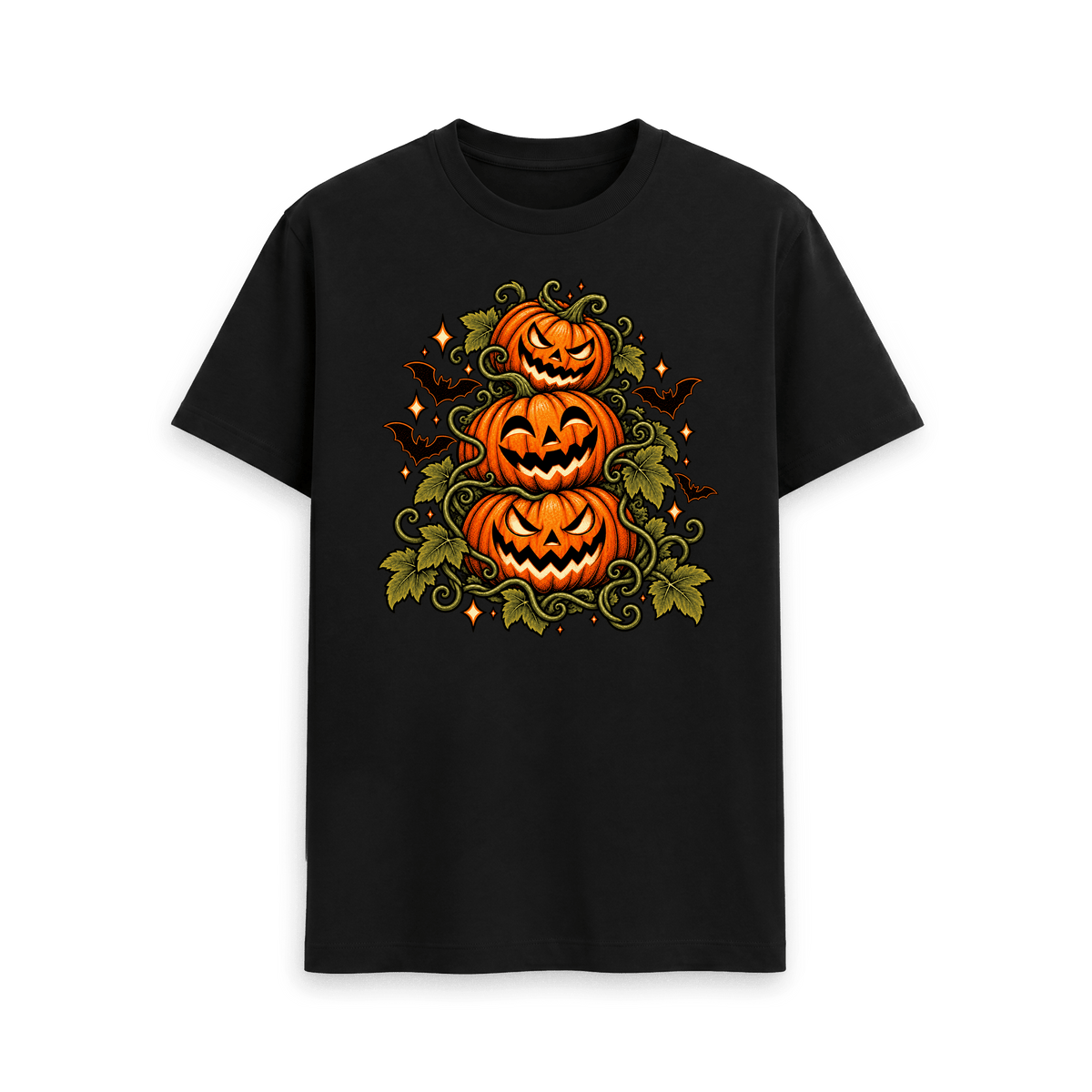 Black CARVÉ Triple Trouble graphic T-shirt with three carved pumpkins, vines and bats, front view