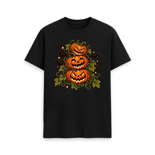 Black CARVÉ Triple Trouble graphic T-shirt with three carved pumpkins, vines and bats, front view