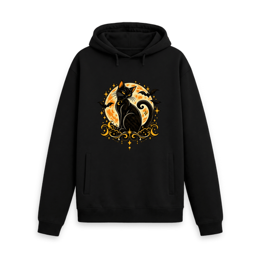 Black CARVÉ Midnight Familiar graphic hoodie with black cat, full moon and stars, front view