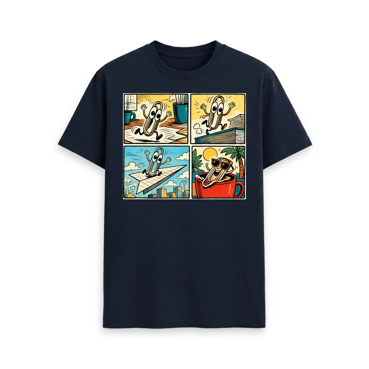 CARVÉ Desk Escape Graphic T-Shirt in Navy Blue, front view with playful four-panel paperclip escape comic