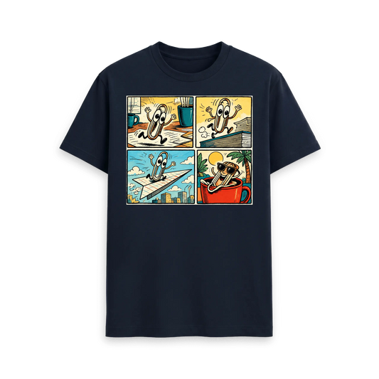 CARVÉ Desk Escape Graphic T-Shirt in Navy Blue, front view with playful four-panel paperclip escape comic