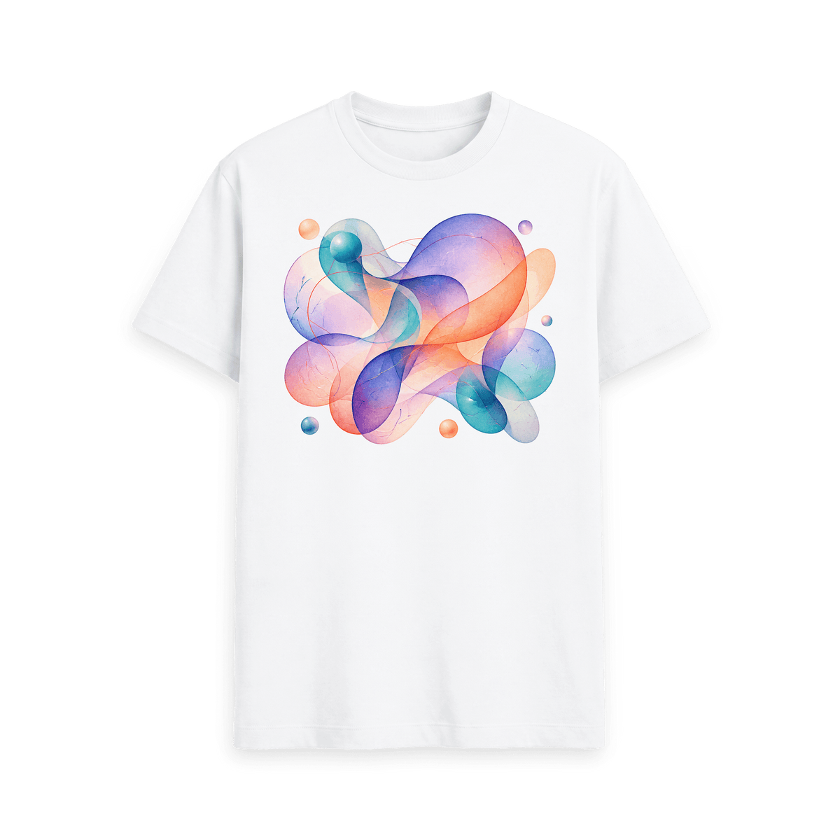 CARVÉ Weightless Forms Graphic T-Shirt in White, front view with pastel abstract ribbons and floating forms