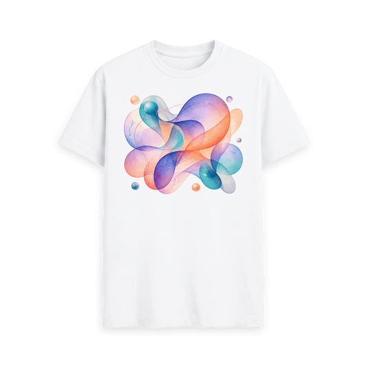 CARVÉ Weightless Forms Graphic T-Shirt in White, front view with pastel abstract ribbons and floating forms