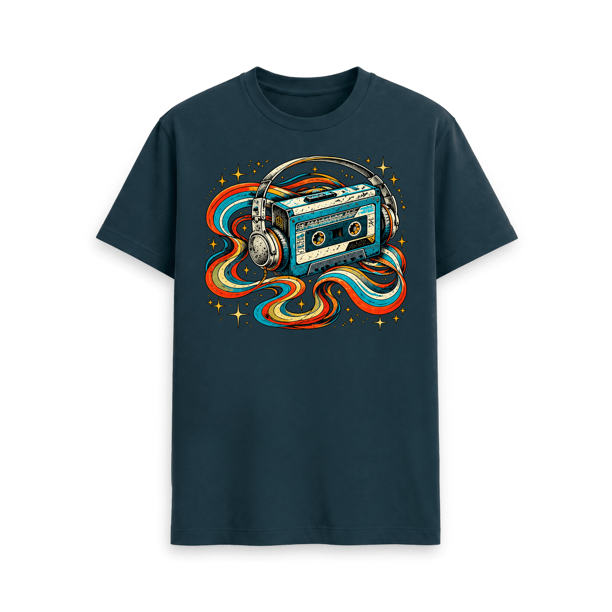 CARVÉ Radio Silence Graphic T-Shirt in Denim Blue, front view with retro cassette, headphones and colourful ribbon artwork
