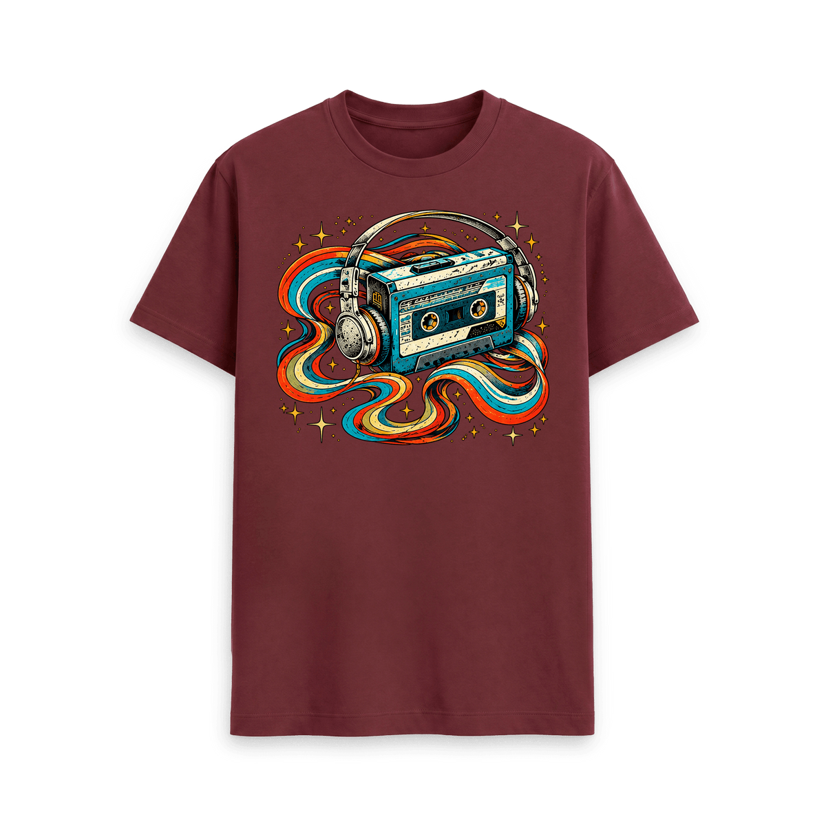 CARVÉ Radio Silence Graphic T-Shirt in Red Wine, front view with retro cassette, headphones and colourful ribbon artwork