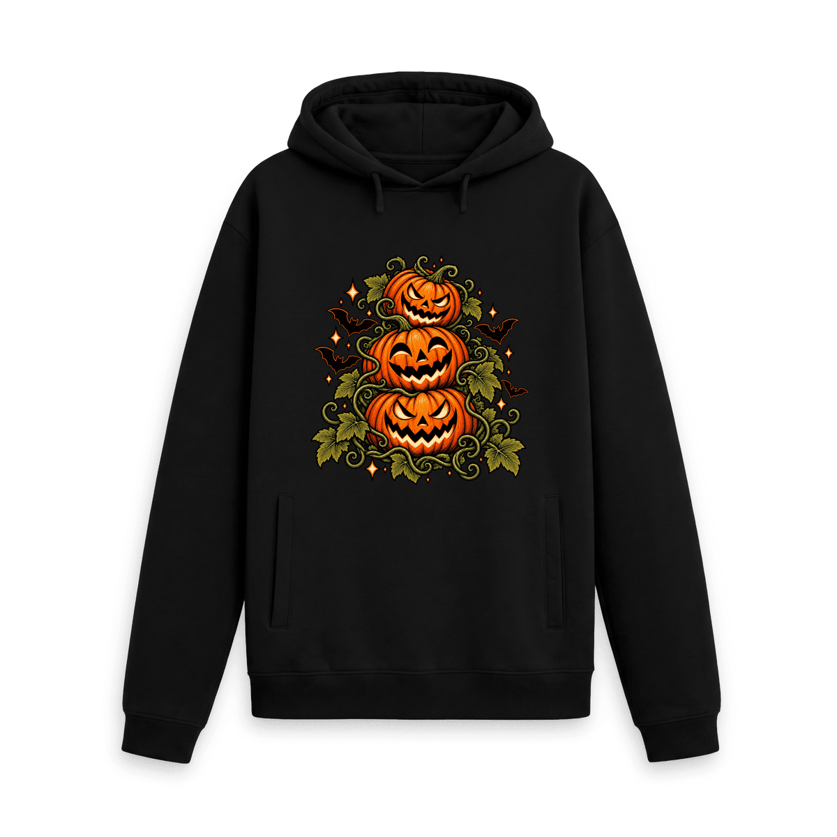 Black CARVÉ Triple Trouble graphic hoodie with three carved pumpkins, vines and bats, front view