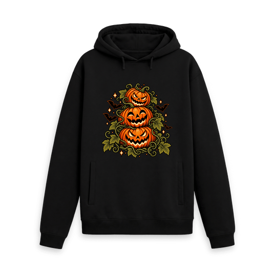 Black CARVÉ Triple Trouble graphic hoodie with three carved pumpkins, vines and bats, front view