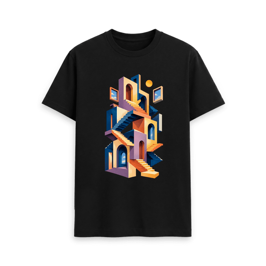 CARVÉ Between Floors Graphic T-Shirt in Black, front view with surreal staircase and archway artwork