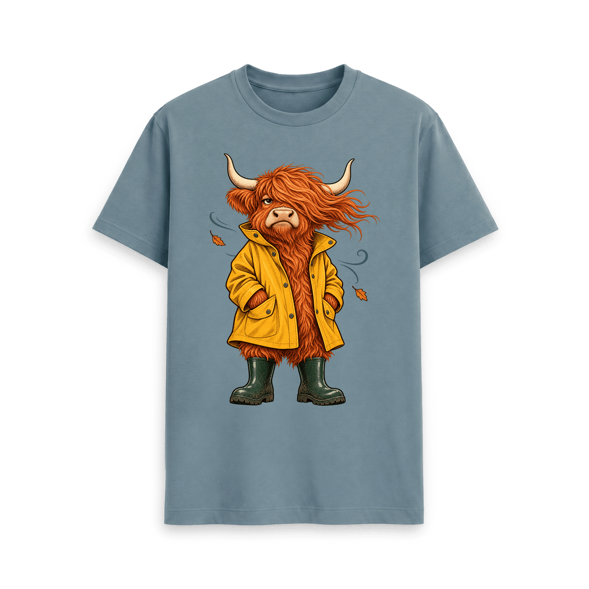 CARVÉ Windblown Highland Cow T-Shirt in Stone Blue — front view
