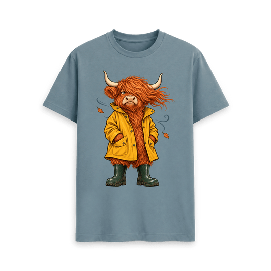 CARVÉ Windblown Highland Cow T-Shirt in Stone Blue — front view