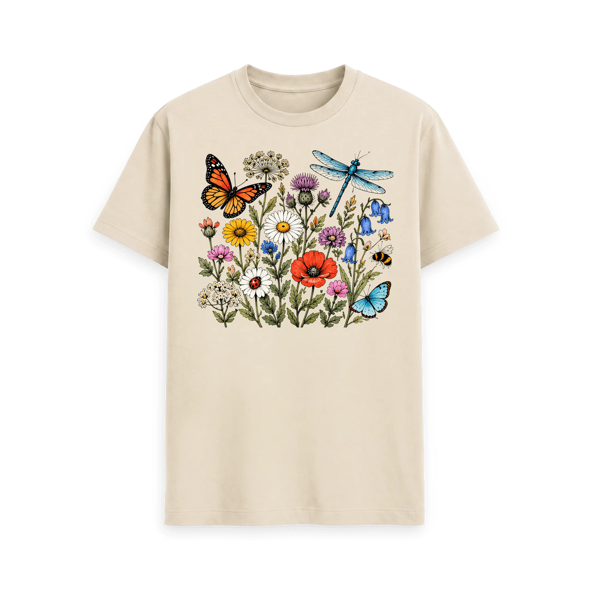CARVÉ Wild Botanicals Graphic T-Shirt in Oat, front view with detailed wildflower, butterfly and insect illustration