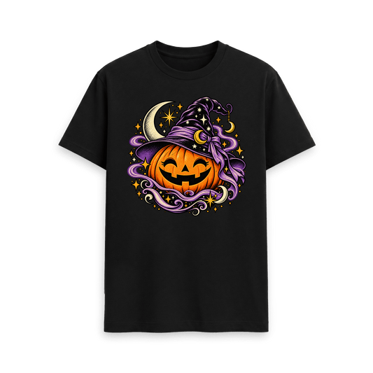 Black CARVÉ Pumpkin Spell graphic T-shirt with witch hat pumpkin and purple swirls, front view