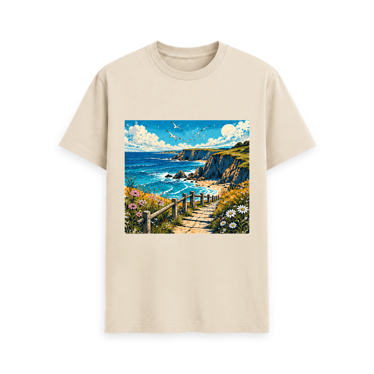 CARVÉ Coastal Drift Graphic T-Shirt in Oat, front view with vintage-style coastal landscape illustration