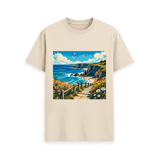 CARVÉ Coastal Drift Graphic T-Shirt in Oat, front view with vintage-style coastal landscape illustration
