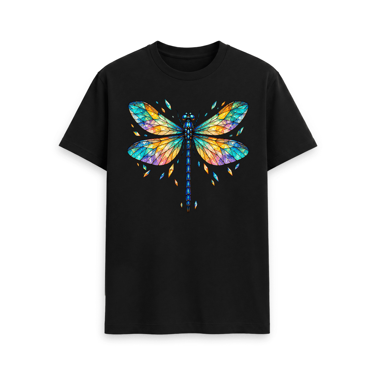 CARVÉ Prism Wings Graphic T-Shirt in Black, front view with colourful stained-glass dragonfly artwork