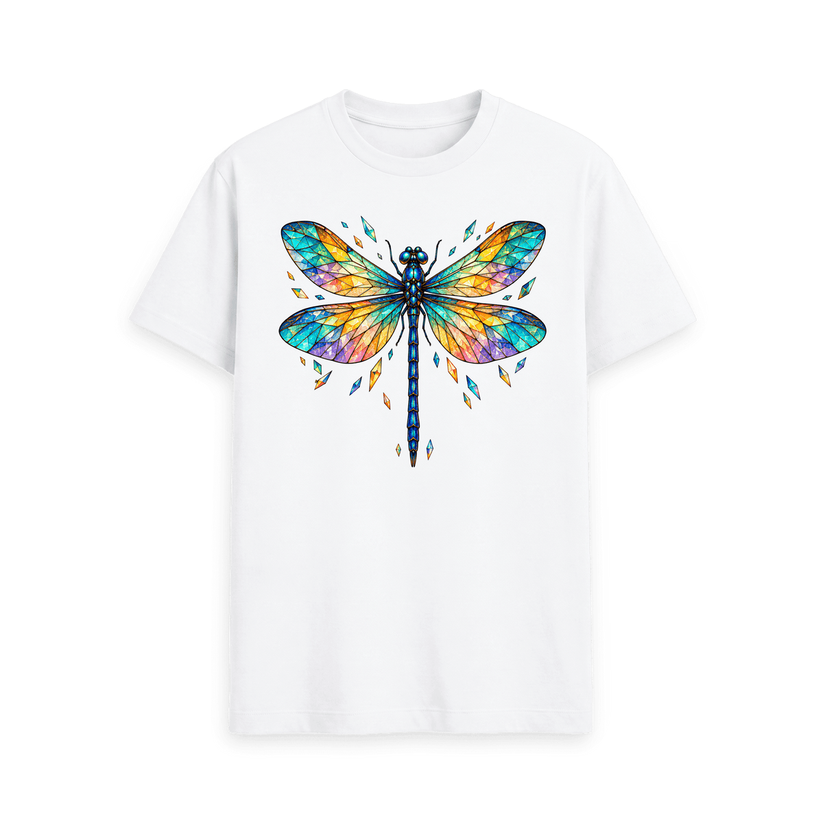 CARVÉ Prism Wings Graphic T-Shirt in White, front view with colourful stained-glass dragonfly artwork