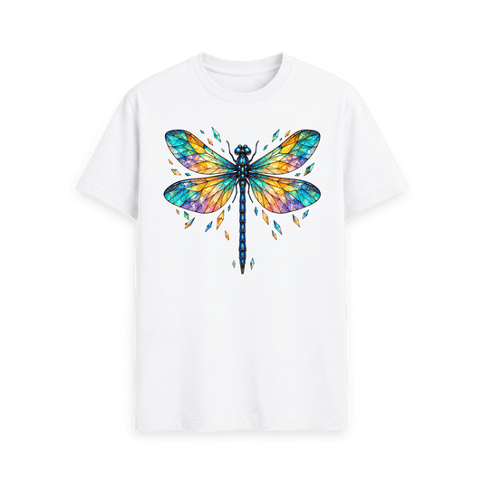 CARVÉ Prism Wings Graphic T-Shirt in White, front view with colourful stained-glass dragonfly artwork