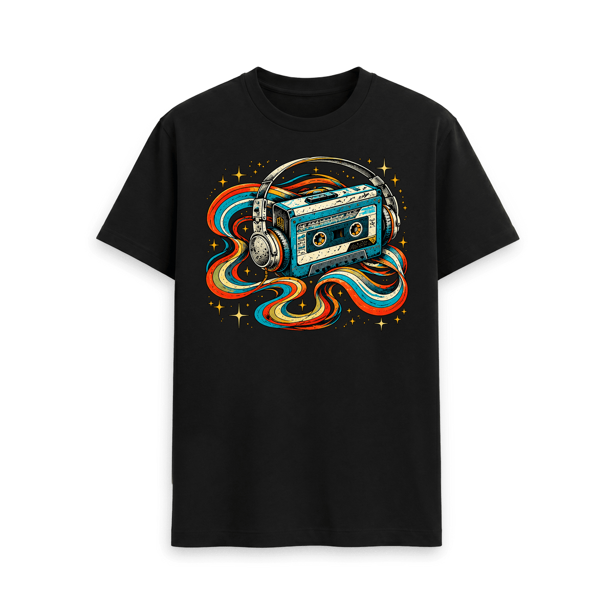 CARVÉ Radio Silence Graphic T-Shirt in Black, front view with retro cassette, headphones and colourful ribbon artwork