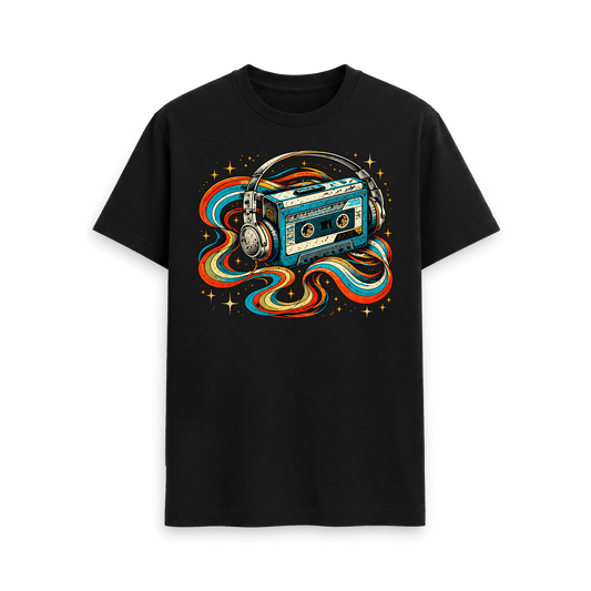 CARVÉ Radio Silence Graphic T-Shirt in Black, front view with retro cassette, headphones and colourful ribbon artwork