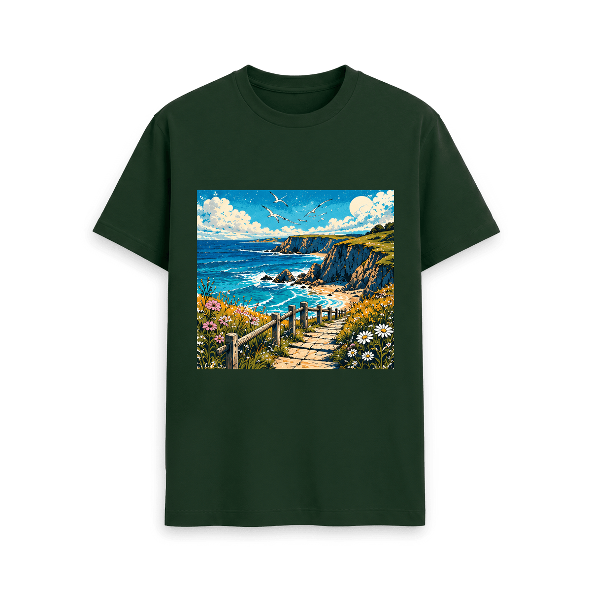 CARVÉ Coastal Drift Graphic T-Shirt in Evergreen, front view with vintage-style coastal landscape illustration
