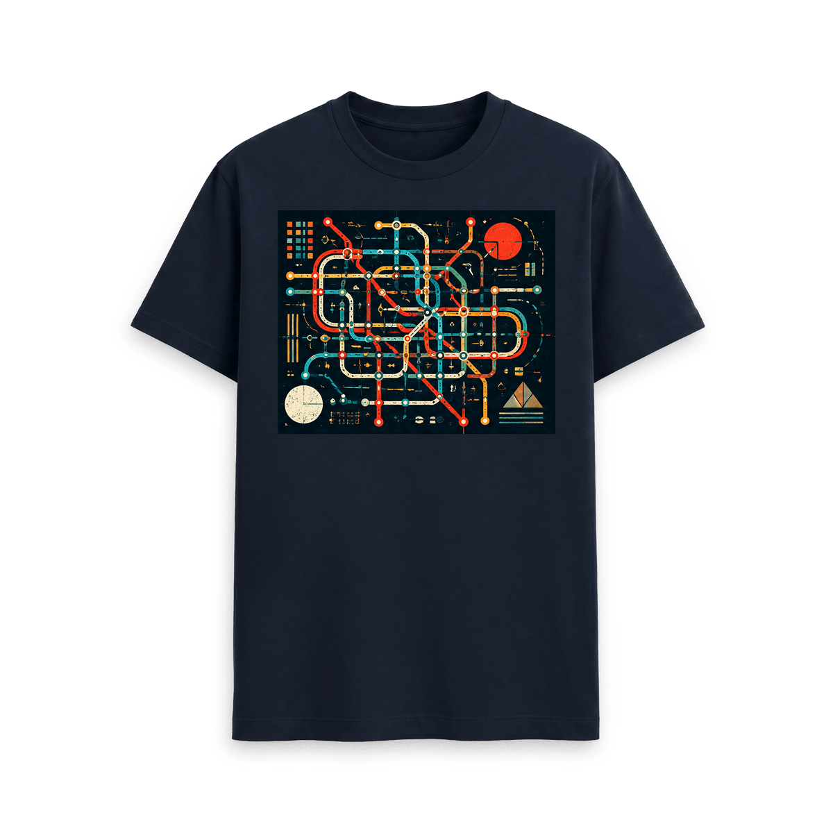 CARVÉ Parallel Lines Graphic T-Shirt in Navy Blue, front view with fictional transit-map graphic with colourful routes