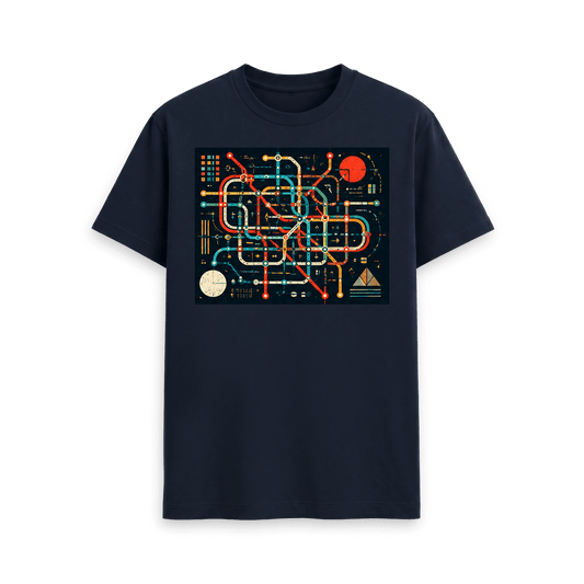 CARVÉ Parallel Lines Graphic T-Shirt in Navy Blue, front view with fictional transit-map graphic with colourful routes
