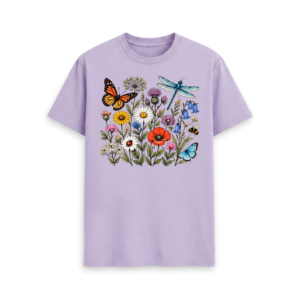 CARVÉ Wild Botanicals Graphic T-Shirt in Lilac, front view with detailed wildflower, butterfly and insect illustration