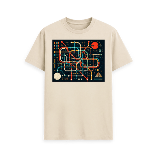 CARVÉ Parallel Lines Graphic T-Shirt in Oat, front view with fictional transit-map graphic with colourful routes