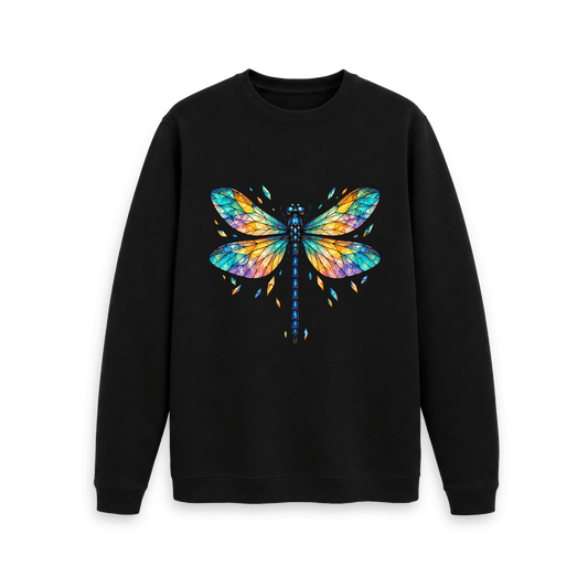 CARVÉ Prism Wings Graphic Sweatshirt in Black, front view with colourful stained-glass dragonfly artwork