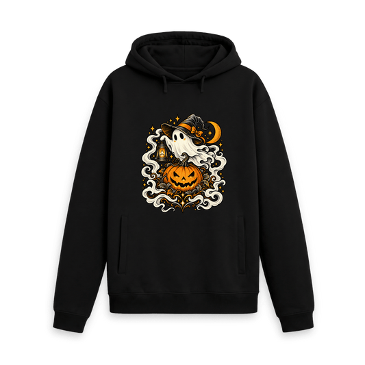 Black CARVÉ Little Haunting graphic hoodie with ghost, lantern and carved pumpkin, front view