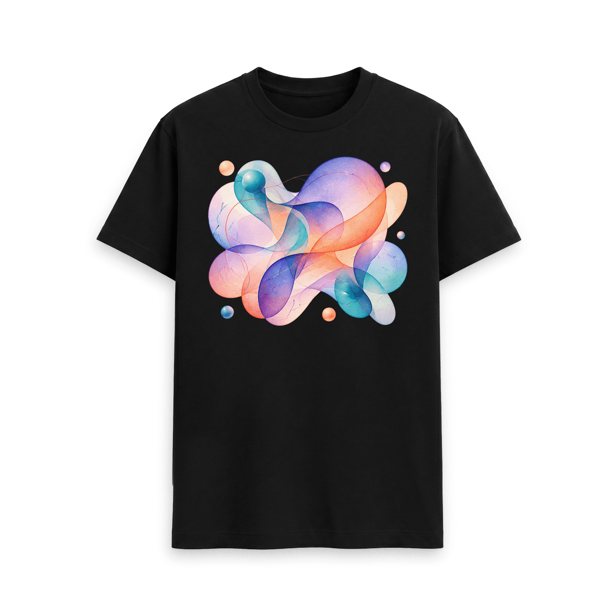 CARVÉ Weightless Forms Graphic T-Shirt in Black, front view with pastel abstract ribbons and floating forms
