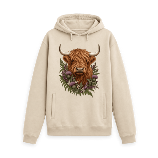 CARVÉ Wild Highland Cow Hoodie in Oat — front view